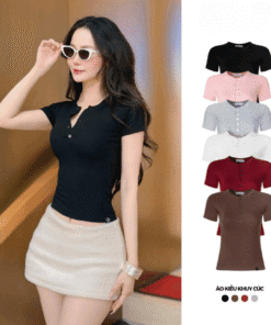 Áo thun nữ basic phối cúc